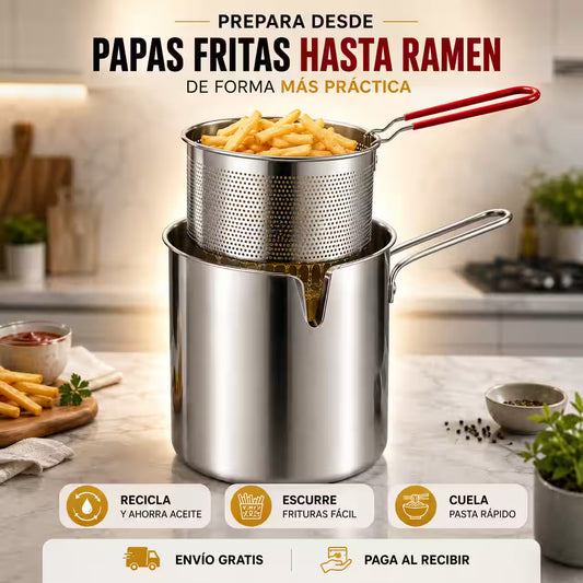 Olla con Canasto Escurridor de Acero Inoxidable - Ideal para frituras, pasta, ramen y verduras.