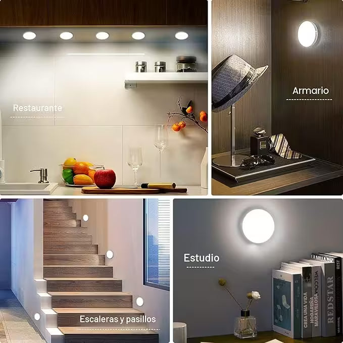 Pack 5 Luces LED con Sensor de Movimiento – Ilumina y decora cocina, pasillos, baño, clóset y dormitorio con una solución moderna y fácil de instalar.