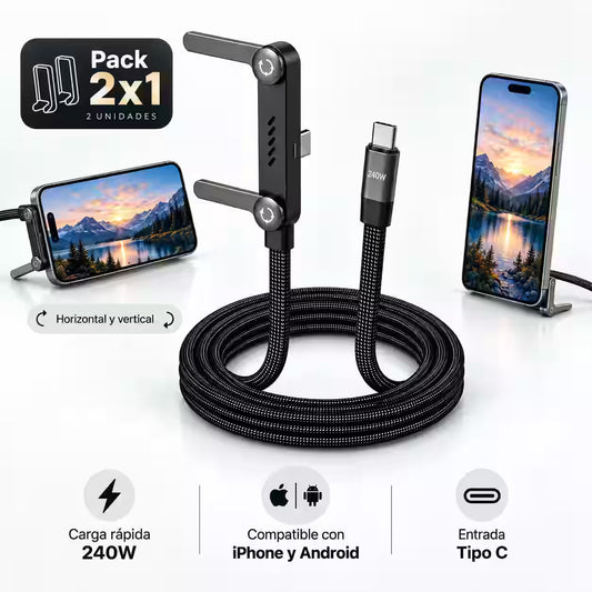 2x1 Cable de Carga Rápida con Soporte Integrado – Más Resistente, Cómodo y Práctico