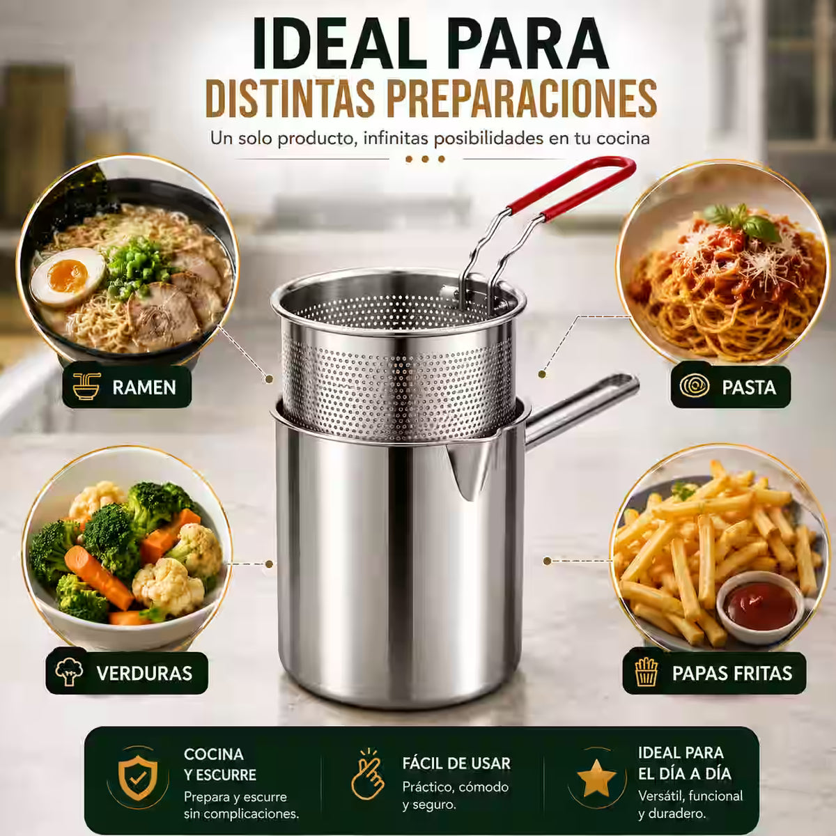 Olla con Canasto Escurridor de Acero Inoxidable - Ideal para frituras, pasta, ramen y verduras.