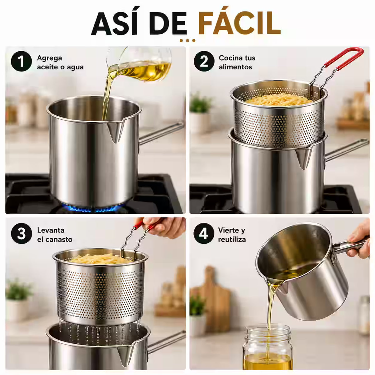 Olla con Canasto Escurridor de Acero Inoxidable - Ideal para frituras, pasta, ramen y verduras.