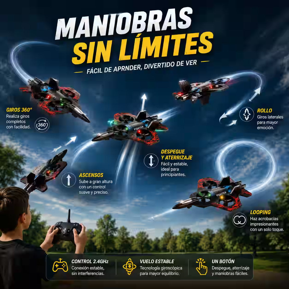 Avión Caza a Control Remoto con Luces LED - Vuela, gira y comparte momentos entretenidos en familia