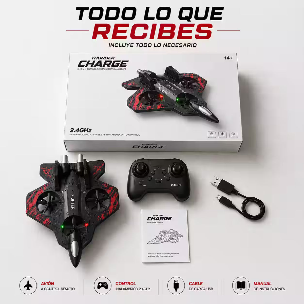 Avión Caza a Control Remoto con Luces LED - Vuela, gira y comparte momentos entretenidos en familia