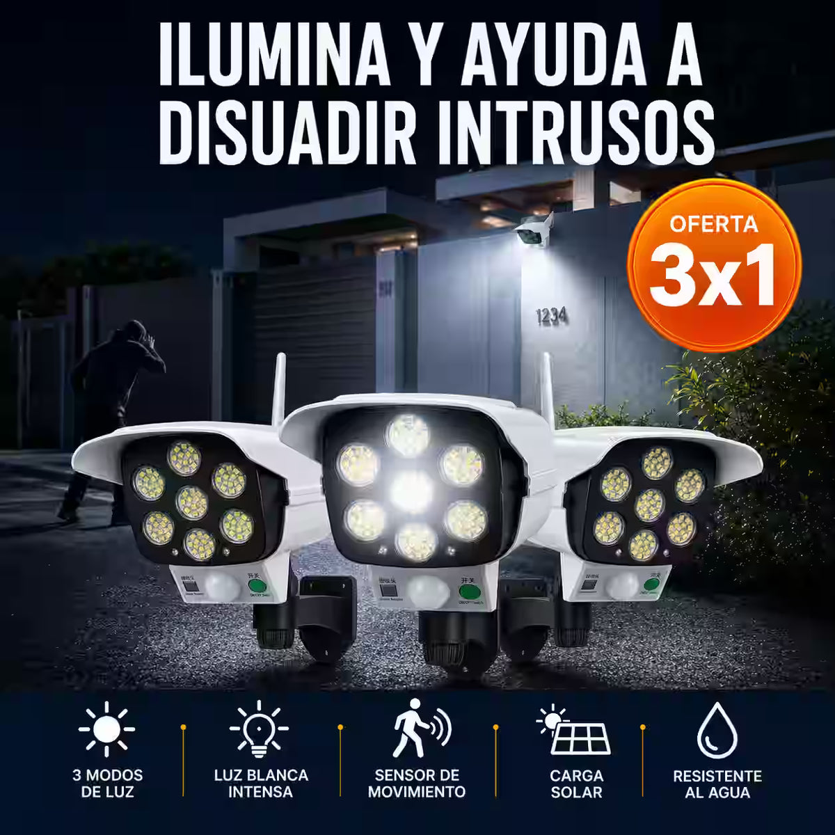 3x1 Foco Solar LED Tipo Cámara con Sensor de Movimiento - Mejora la iluminación exterior y ayuda a disuadir intrusos