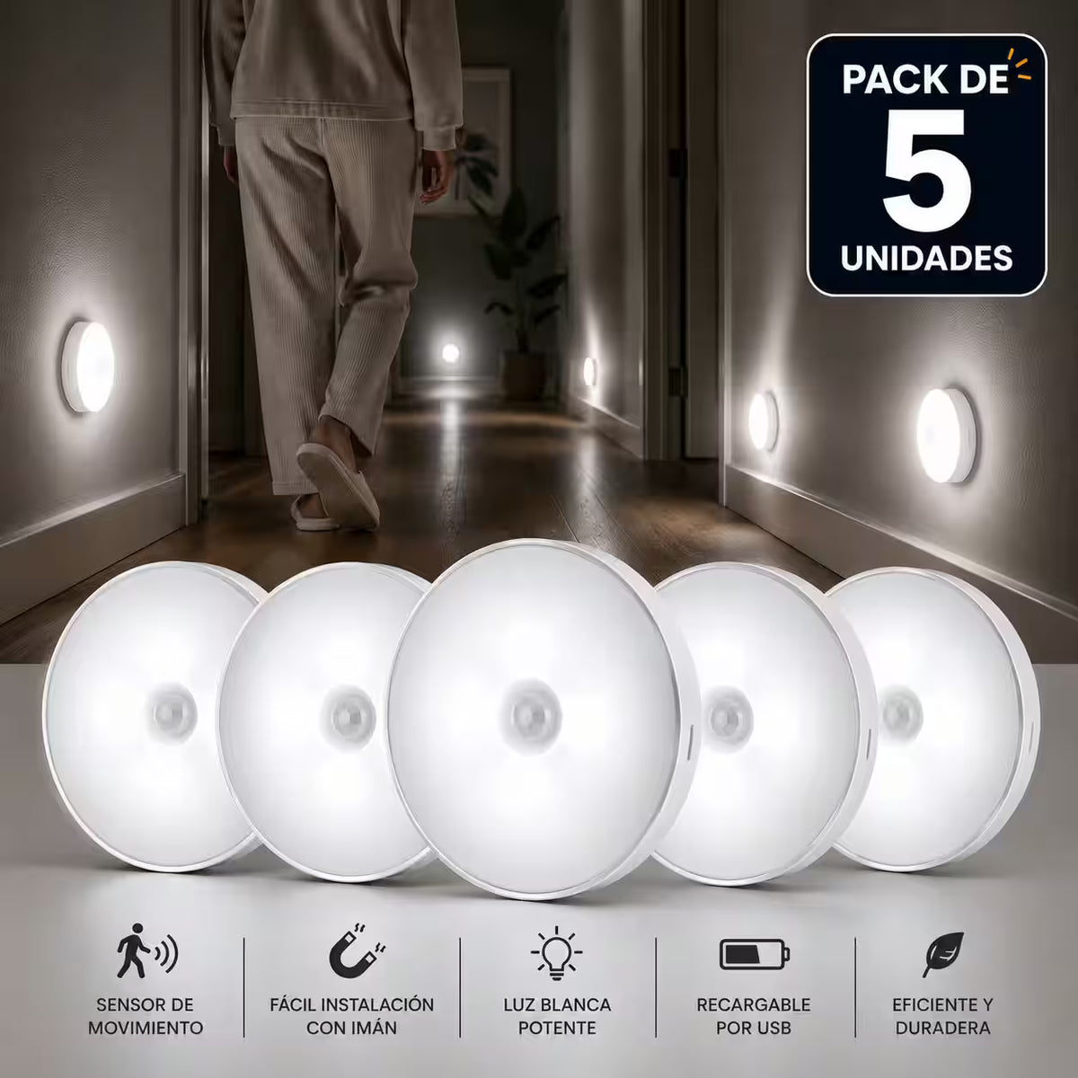 Pack 5 Luces LED con Sensor de Movimiento – Ilumina y decora cocina, pasillos, baño, clóset y dormitorio con una solución moderna y fácil de instalar.