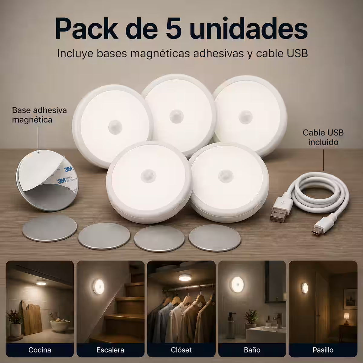 Pack 5 Luces LED con Sensor de Movimiento – Ilumina y decora cocina, pasillos, baño, clóset y dormitorio con una solución moderna y fácil de instalar.