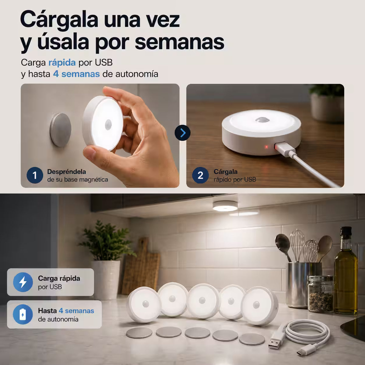 Pack 5 Luces LED con Sensor de Movimiento – Ilumina y decora cocina, pasillos, baño, clóset y dormitorio con una solución moderna y fácil de instalar.